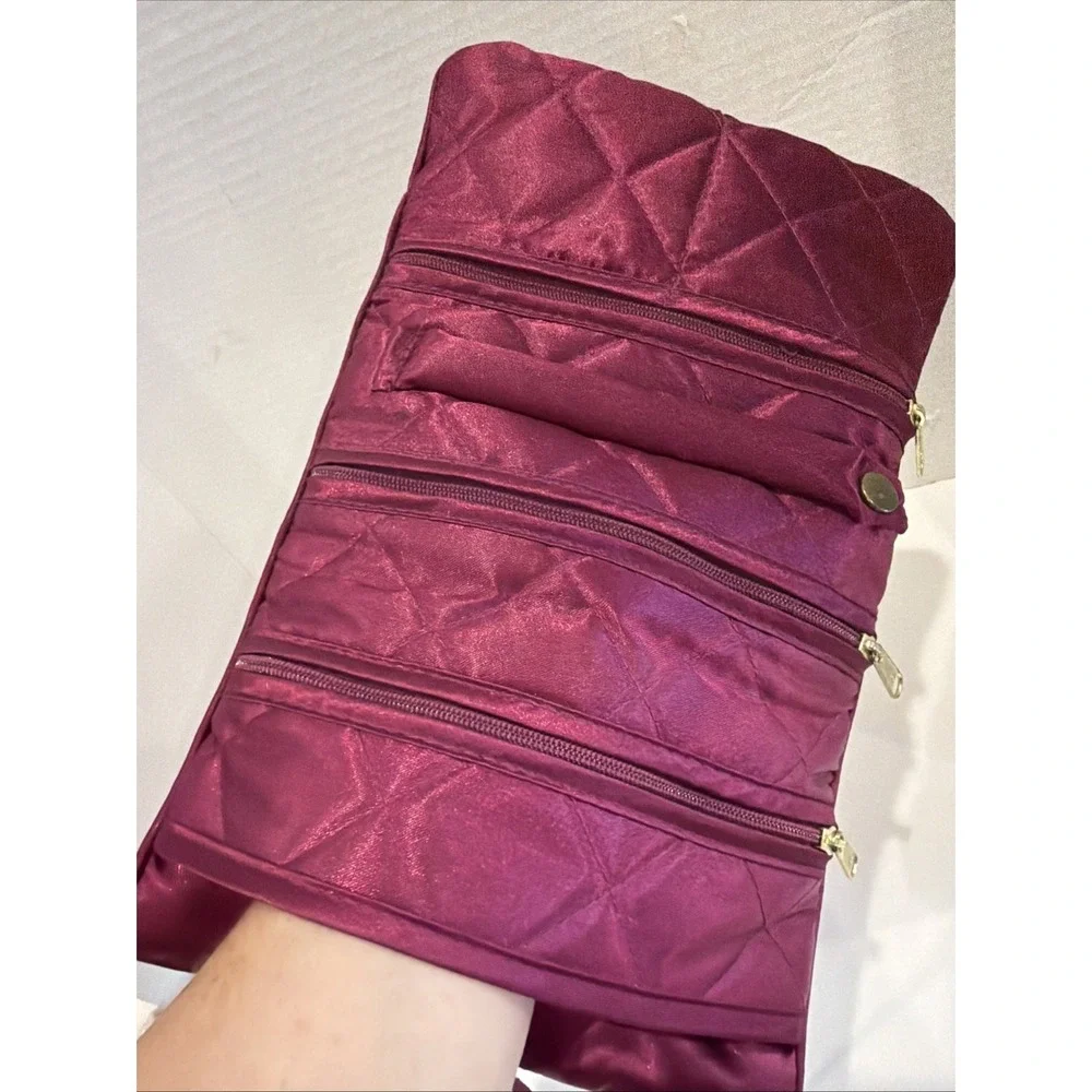 Purple Satin Travel Jewelry Bag Organizer Pouch 3-Zip Snap Ring Roll Up